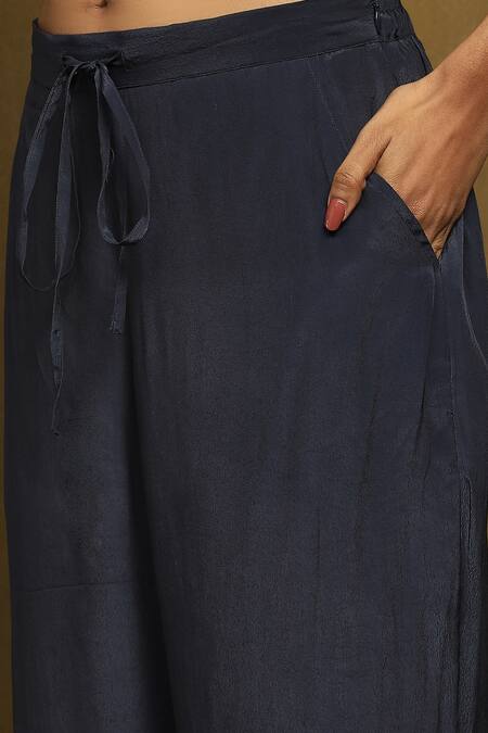 Shop_Ritu Kumar_Beige Viscose, Lycra Embroidery Collared, Round Abstract Print Kurta Palazzo Set_Online_at_Aza_Fashions