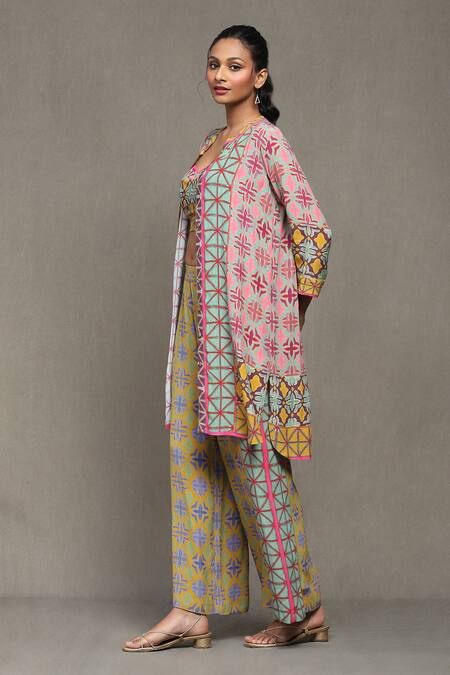 Ritu Kumar_Yellow Denim Sweetheart , Bandeau Aztec Print Pant Set With Shrug_Online_at_Aza_Fashions