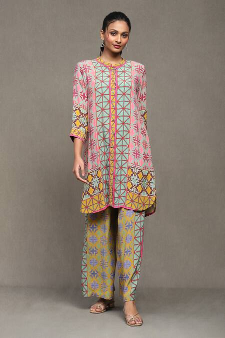 Buy_Ritu Kumar_Yellow Denim Sweetheart , Bandeau Aztec Print Pant Set With Shrug_Online_at_Aza_Fashions