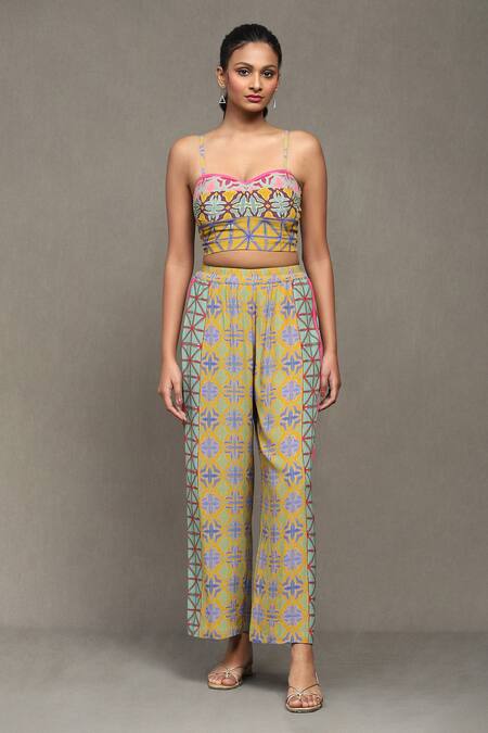 Shop_Ritu Kumar_Yellow Denim Sweetheart , Bandeau Aztec Print Pant Set With Shrug_Online_at_Aza_Fashions