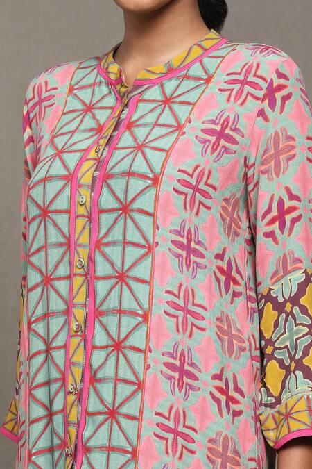 Ritu Kumar_Yellow Denim Sweetheart , Bandeau Aztec Print Pant Set With Shrug_at_Aza_Fashions