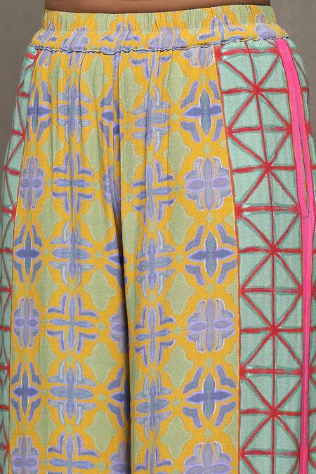 Buy_Ritu Kumar_Yellow Denim Sweetheart , Bandeau Aztec Print Pant Set With Shrug