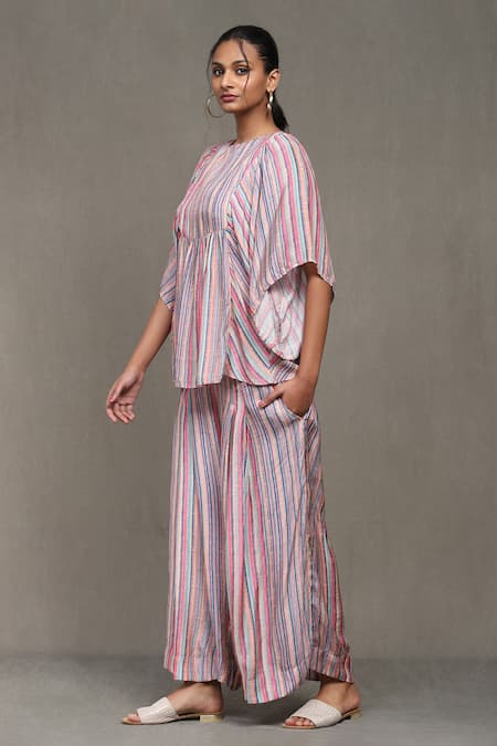 Ritu Kumar_Multi Color Round Neck Striped Tunic And Palazzo Set _Online_at_Aza_Fashions
