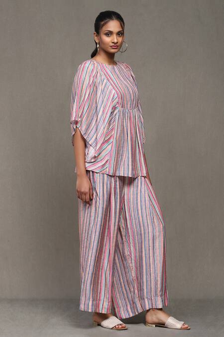 Buy_Ritu Kumar_Multi Color Round Neck Striped Tunic And Palazzo Set _Online_at_Aza_Fashions
