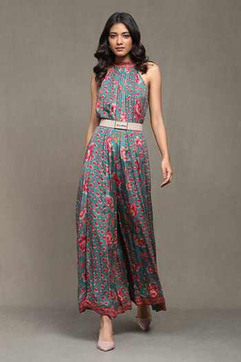 Buy Ritu Kumar Green Viscose Halter Neck Nishkal Botanic Print Jumpsuit at Aza Fashions Buy_Ritu Kumar_Green Viscose Halter Neck Nishkal Botanic Print Jumpsuit_at_Aza_Fashions