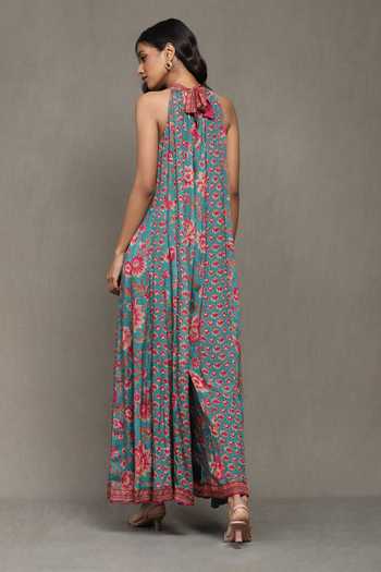 Shop Ritu Kumar Green Viscose Halter Neck Nishkal Botanic Print Jumpsuit at Aza Fashions Shop_Ritu Kumar_Green Viscose Halter Neck Nishkal Botanic Print Jumpsuit_at_Aza_Fashions