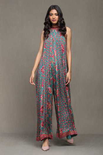 Ritu Kumar Green Viscose Halter Neck Nishkal Botanic Print Jumpsuit Online at Aza Fashions Ritu Kumar_Green Viscose Halter Neck Nishkal Botanic Print Jumpsuit_Online_at_Aza_Fashions