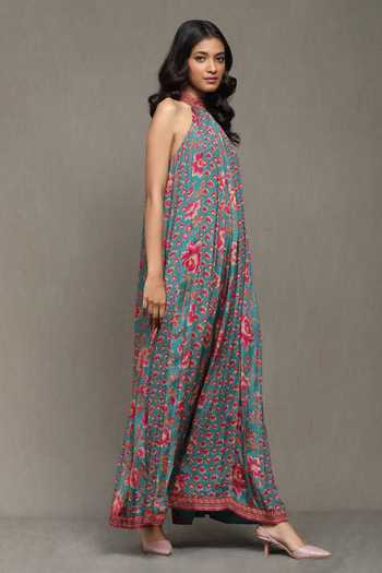 Shop Ritu Kumar Green Viscose Halter Neck Nishkal Botanic Print Jumpsuit Online at Aza Fashions Shop_Ritu Kumar_Green Viscose Halter Neck Nishkal Botanic Print Jumpsuit_Online_at_Aza_Fashions