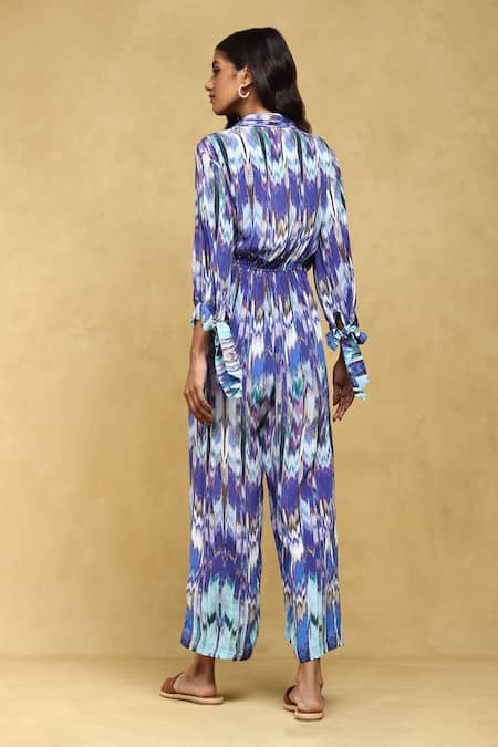 Shop Ritu Kumar Blue Viscose Binkai Abstract Print Jumpsuit at Aza Fashions Shop_Ritu Kumar_Blue Viscose Binkai Abstract Print Jumpsuit _at_Aza_Fashions