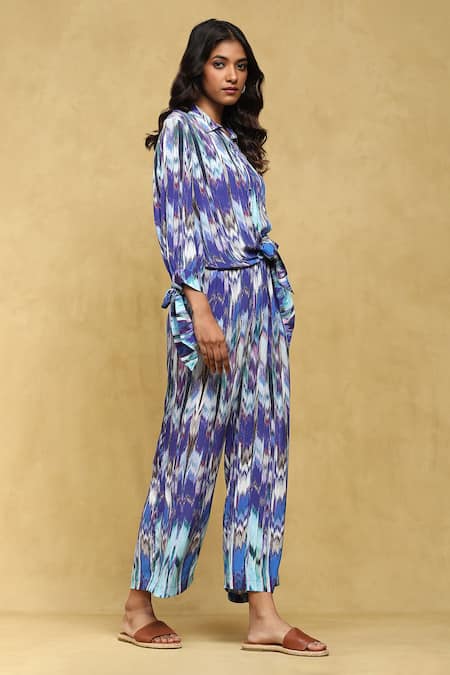 Buy Ritu Kumar Blue Viscose Binkai Abstract Print Jumpsuit Online at Aza Fashions Buy_Ritu Kumar_Blue Viscose Binkai Abstract Print Jumpsuit _Online_at_Aza_Fashions