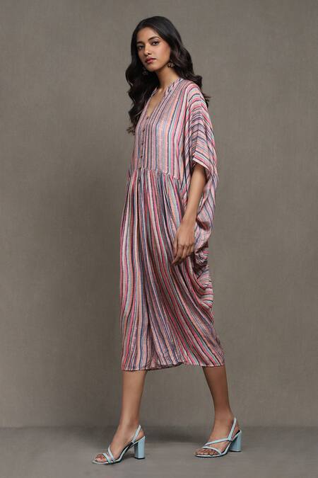 Ritu Kumar Multi Color Viscose Bandeau Neck Coco Striped Print Kaftan Dress Online at Aza Fashions Ritu Kumar_Multi Color Viscose Bandeau Neck Coco Striped Print Kaftan Dress_Online_at_Aza_Fashions