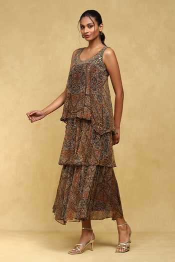 Ritu Kumar_Brown Viscose, Chiffon Sequins Round Neck Avanti Layered Printed Dress _Online_at_Aza_Fashions