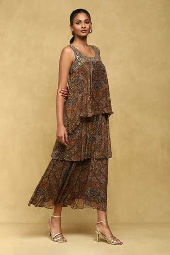 Buy_Ritu Kumar_Brown Viscose, Chiffon Sequins Round Neck Avanti Layered Printed Dress _Online_at_Aza_Fashions