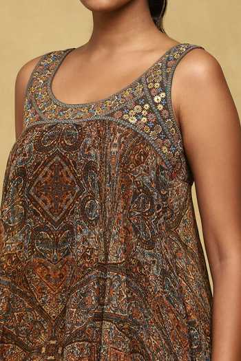 Shop_Ritu Kumar_Brown Viscose, Chiffon Sequins Round Neck Avanti Layered Printed Dress _Online_at_Aza_Fashions