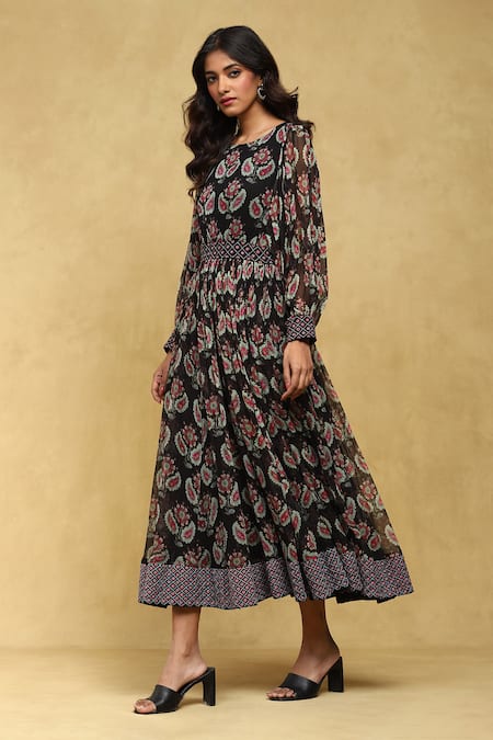 Ritu Kumar_Black Viscose, Chiffon Round Neck Zohra Botanic Print Long Dress _Online_at_Aza_Fashions