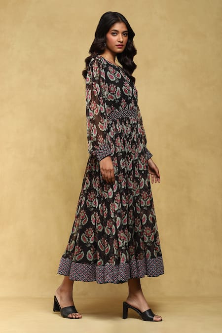 Buy_Ritu Kumar_Black Viscose, Chiffon Round Neck Zohra Botanic Print Long Dress _Online_at_Aza_Fashions