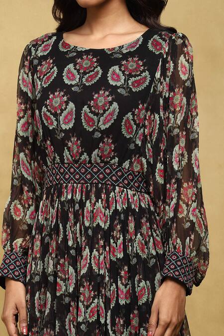 Shop_Ritu Kumar_Black Viscose, Chiffon Round Neck Zohra Botanic Print Long Dress _Online_at_Aza_Fashions