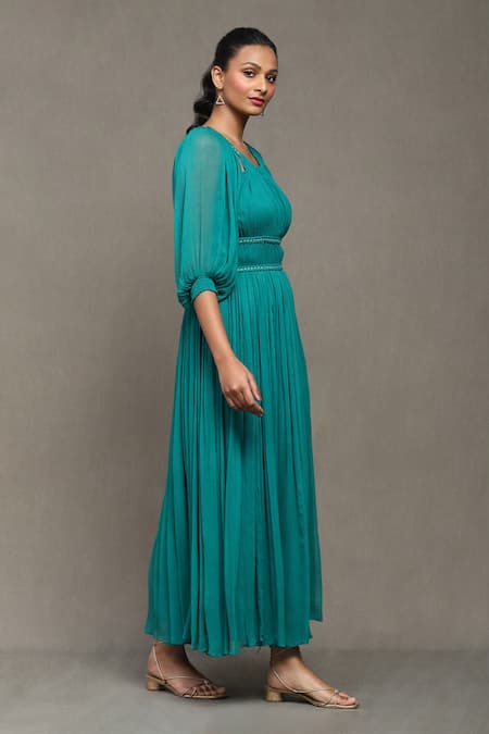 Buy_Ritu Kumar_Green Viscose, Chiffon Round Neck Boukhara Gathered Long Dress _Online_at_Aza_Fashions