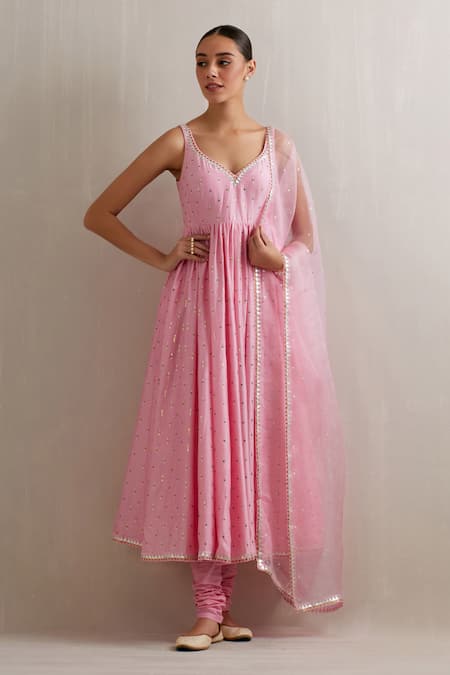 Priyal Prakash_Pink Chanderi, Cotton, Silk Organza Sequins, Zari Boat Embroidered Anarkali Set _at_Aza_Fashions