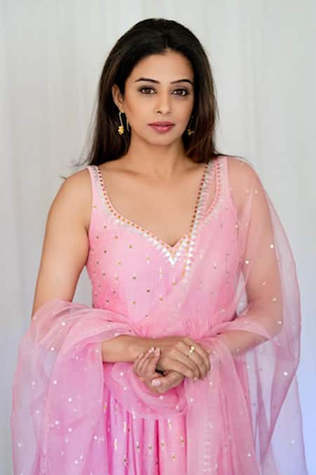 Shop_Priyal Prakash_Pink Chanderi, Cotton, Silk Organza Sequins, Zari Boat Embroidered Anarkali Set 