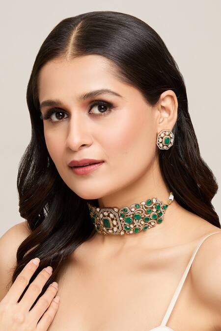 Moh-Maya By Disha Khatri Gold Plated Zari, Diamonds, Stones Emerald Polki Choker Set at Aza Fashions Moh-Maya By Disha Khatri_Gold Plated Zari, Diamonds, Stones Emerald Polki Choker Set _at_Aza_Fashions