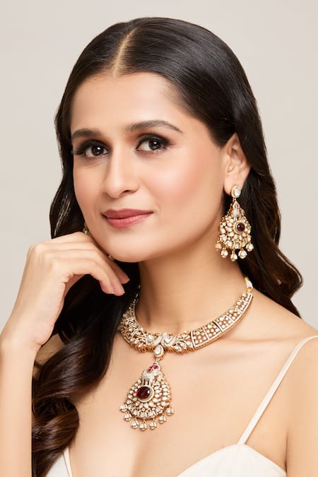 Moh-Maya by Disha Khatri Ruby Stone Studded Pendant Necklace Set 