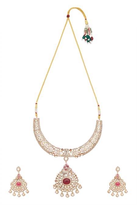 Shop Moh-Maya By Disha Khatri Gold Plated Ruffles, Crystals Ruby Stone Studded Pendant Necklace Set at Aza Fashions Shop_Moh-Maya By Disha Khatri_Gold Plated Ruffles, Crystals Ruby Stone Studded Pendant Necklace Set _at_Aza_Fashions
