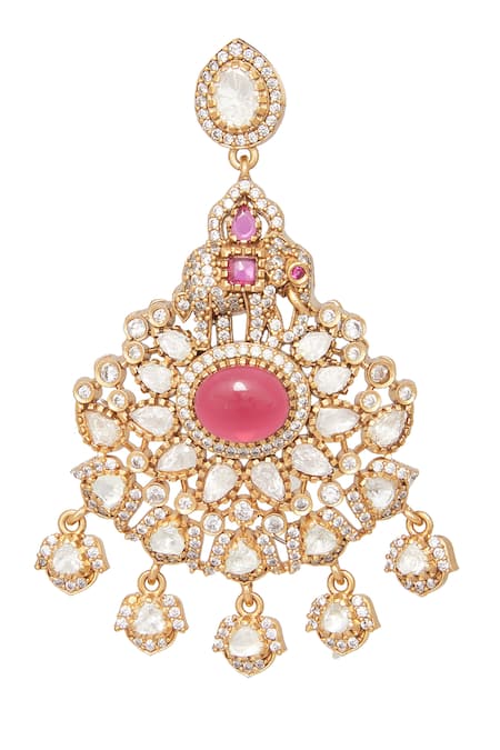 Shop Moh-Maya By Disha Khatri Gold Plated Ruffles, Crystals Ruby Stone Studded Pendant Necklace Set Online at Aza Fashions Shop_Moh-Maya By Disha Khatri_Gold Plated Ruffles, Crystals Ruby Stone Studded Pendant Necklace Set _Online_at_Aza_Fashions