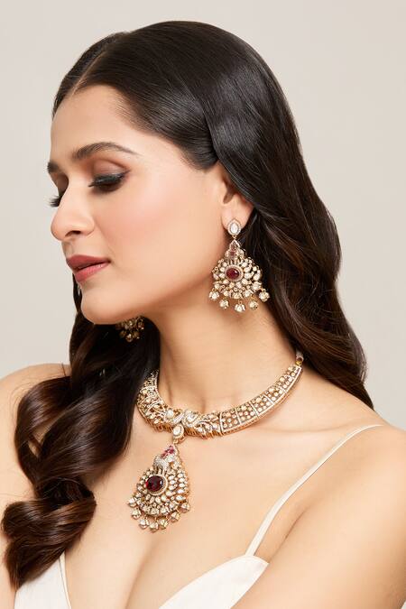 Moh-Maya By Disha Khatri Gold Plated Ruffles, Crystals Ruby Stone Studded Pendant Necklace Set at Aza Fashions Moh-Maya By Disha Khatri_Gold Plated Ruffles, Crystals Ruby Stone Studded Pendant Necklace Set _at_Aza_Fashions