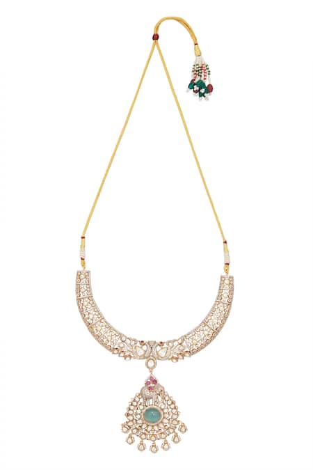 Moh-Maya By Disha Khatri_Gold Plated Stones, Ruffles Embellished Pendant Necklace Set _Online_at_Aza_Fashions
