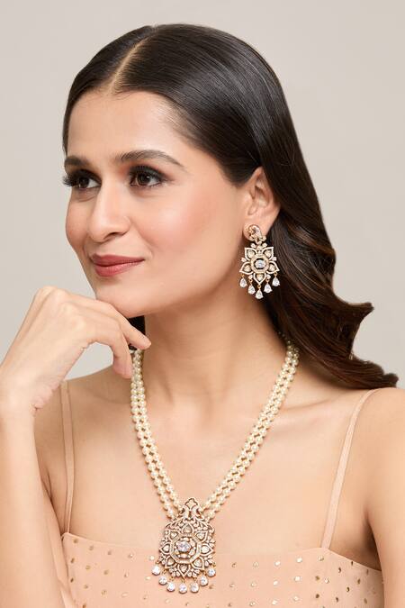 Shop_Moh-Maya By Disha Khatri_Gold Plated Pearls, Diamonds, Moissanite Embellished Pendant Necklace Set _Online_at_Aza_Fashions