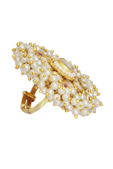 Shop Moh-Maya By Disha Khatri Gold Plated Pearls, Beads, Rhinestones, Floral And Kundan Embellished Ring Online at Aza Fashions Shop_Moh-Maya By Disha Khatri_Gold Plated Pearls, Beads, Rhinestones, Floral And Kundan Embellished Ring _Online_at_Aza_Fashions
