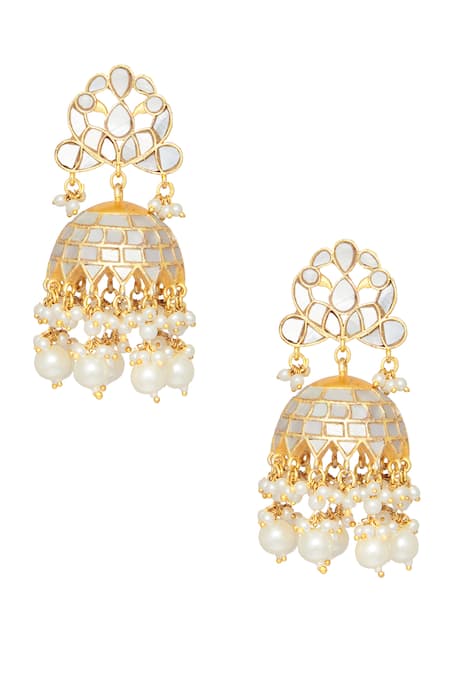 Shop Moh-Maya By Disha Khatri Gold Plated Pearls, Gota Patti Kundan Embellished Jhumkas at Aza Fashions Shop_Moh-Maya By Disha Khatri_Gold Plated Pearls, Gota Patti Kundan Embellished Jhumkas _at_Aza_Fashions