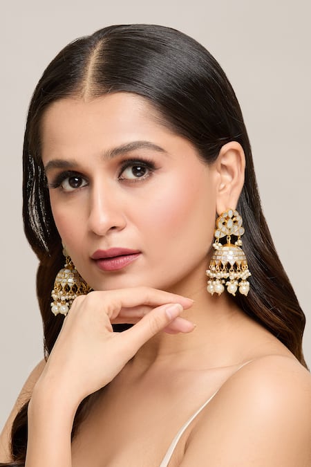 Moh-Maya By Disha Khatri Gold Plated Pearls, Gota Patti Kundan Embellished Jhumkas Online at Aza Fashions Moh-Maya By Disha Khatri_Gold Plated Pearls, Gota Patti Kundan Embellished Jhumkas _Online_at_Aza_Fashions