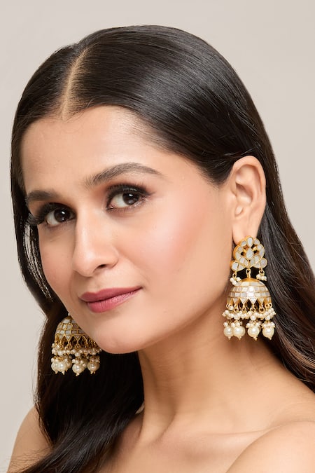 Shop Moh-Maya By Disha Khatri Gold Plated Pearls, Gota Patti Kundan Embellished Jhumkas Online at Aza Fashions Shop_Moh-Maya By Disha Khatri_Gold Plated Pearls, Gota Patti Kundan Embellished Jhumkas _Online_at_Aza_Fashions