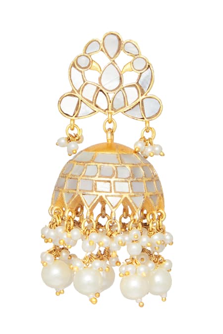 Moh-Maya By Disha Khatri Gold Plated Pearls, Gota Patti Kundan Embellished Jhumkas at Aza Fashions Moh-Maya By Disha Khatri_Gold Plated Pearls, Gota Patti Kundan Embellished Jhumkas _at_Aza_Fashions