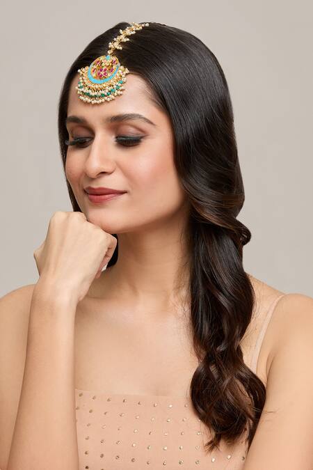 Shop_Moh-Maya By Disha Khatri_Gold Plated Chaand Shaped Maangtikka _Online_at_Aza_Fashions