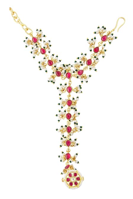 Shop Moh-Maya By Disha Khatri Gold Plated Beads, Diamonds Ruby Stone Embellished 2 Pcs Haathphool at Aza Fashions Shop_Moh-Maya By Disha Khatri_Gold Plated Beads, Diamonds Ruby Stone Embellished 2 Pcs Haathphool _at_Aza_Fashions