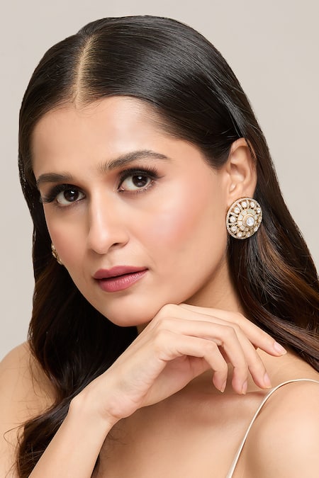 Buy_Moh-Maya By Disha Khatri_Gold Plated Imitation Diamonds Geometric Cutwork Studs_Online_at_Aza_Fashions