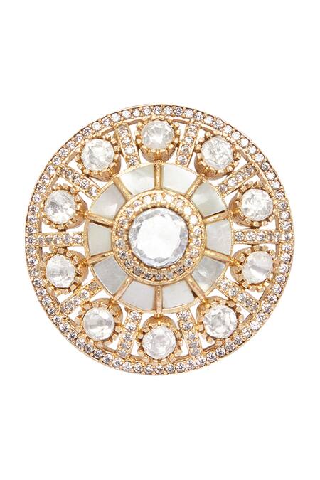 Moh-Maya By Disha Khatri_Gold Plated Imitation Diamonds Geometric Cutwork Studs_at_Aza_Fashions