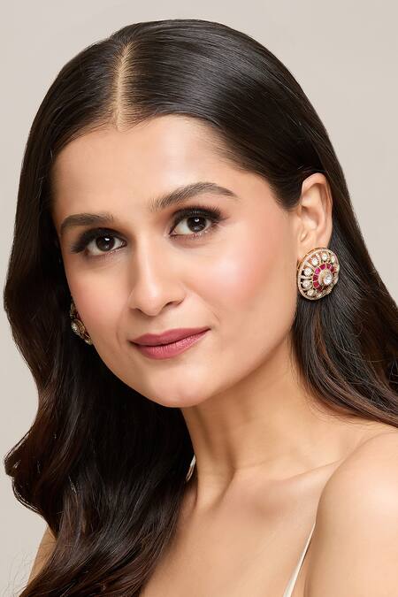 Moh-Maya By Disha Khatri_Gold Plated Zari, Crystals Ruby Stone Embellished Studs _Online_at_Aza_Fashions