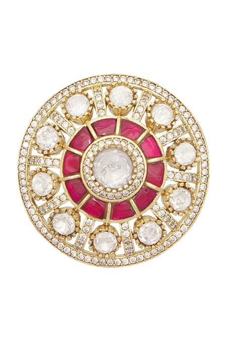 Shop_Moh-Maya By Disha Khatri_Gold Plated Zari, Crystals Ruby Stone Embellished Studs _Online_at_Aza_Fashions