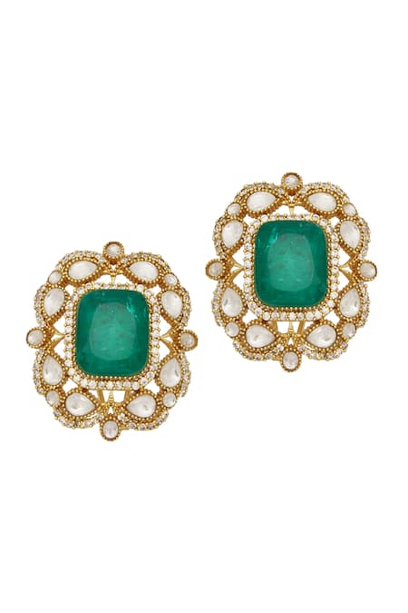 Shop Moh-Maya By Disha Khatri Green Zari, Diamonds Polki Embellished Floral Studs at Aza Fashions Shop_Moh-Maya By Disha Khatri_Green Zari, Diamonds Polki Embellished Floral Studs _at_Aza_Fashions