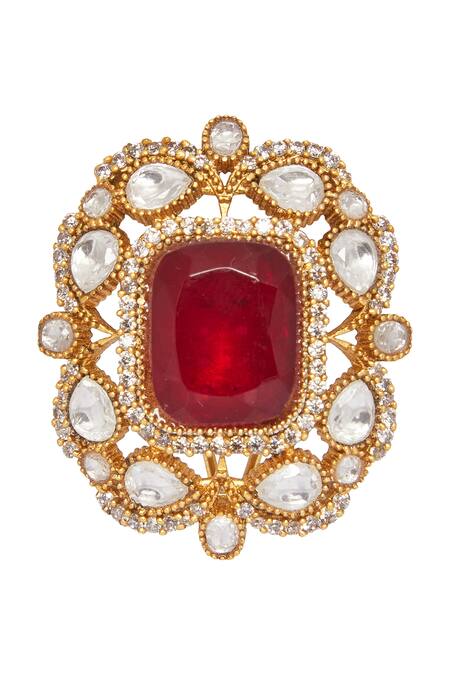 Shop_Moh-Maya By Disha Khatri_Red Zari Ruby Stone Embellished Floral Studs _Online_at_Aza_Fashions