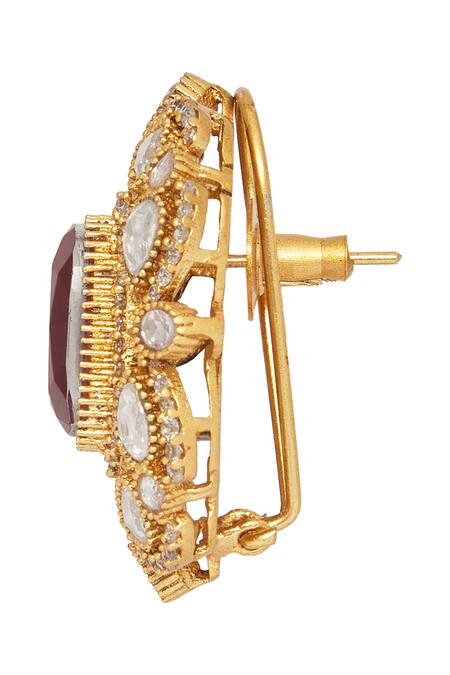 Moh-Maya By Disha Khatri_Red Zari Ruby Stone Embellished Floral Studs _at_Aza_Fashions