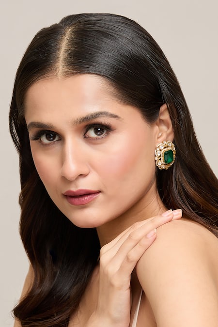 Buy Moh-Maya By Disha Khatri Green Zari, Diamonds Polki Embellished Floral Cutwork Studs Online at Aza Fashions Buy_Moh-Maya By Disha Khatri_Green Zari, Diamonds Polki Embellished Floral Cutwork Studs _Online_at_Aza_Fashions