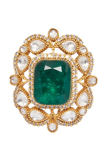 Shop Moh-Maya By Disha Khatri Green Zari, Diamonds Polki Embellished Floral Cutwork Studs Online at Aza Fashions Shop_Moh-Maya By Disha Khatri_Green Zari, Diamonds Polki Embellished Floral Cutwork Studs _Online_at_Aza_Fashions