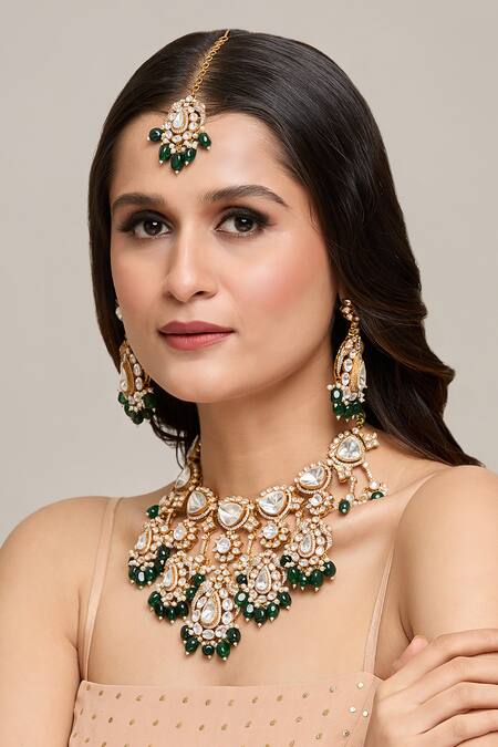 Moh-Maya By Disha Khatri_Green Diamonds, Stones Floral Beads Embellished Necklace Set _Online_at_Aza_Fashions