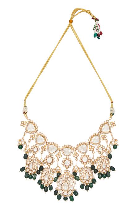 Shop_Moh-Maya By Disha Khatri_Green Diamonds, Stones Floral Beads Embellished Necklace Set 
