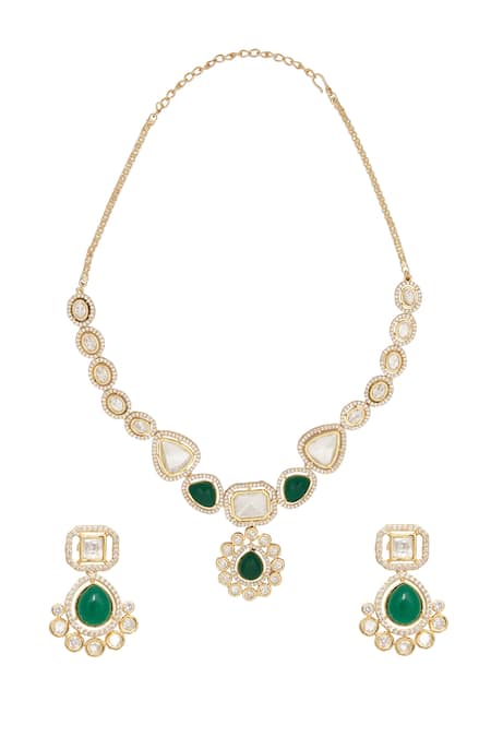 Shop_Moh-Maya By Disha Khatri_Gold Plated Pearls Kundan Embellished Pendant Necklace Set _at_Aza_Fashions